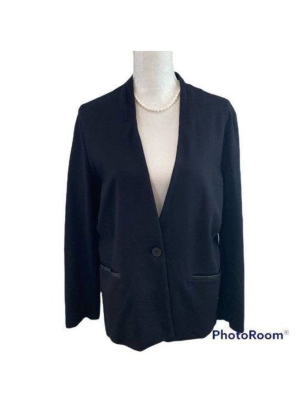 Liz Claiborne Career Black Blazer Large Faux Leather Trim 1 Button Jacket Stretc